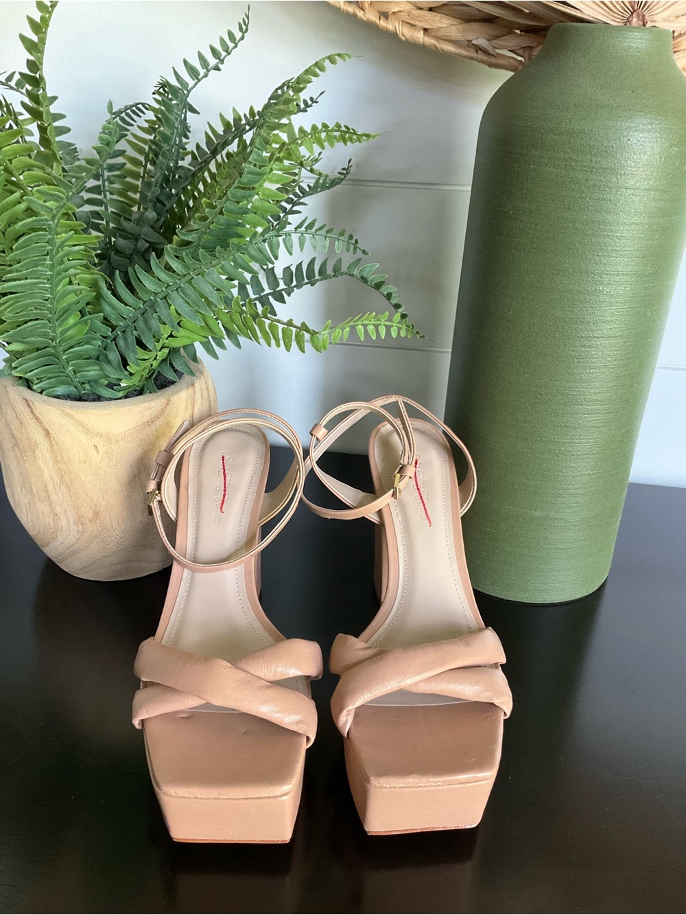 Saks Fifth Avenue Nude Platform Leather Sandal with Ankle Strap